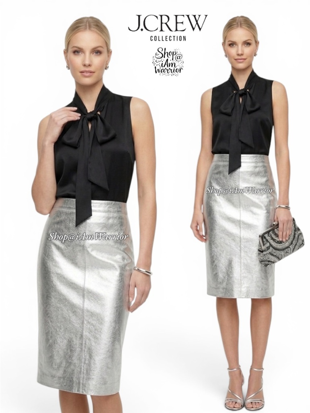 J.Crew Collection *RARE* silver metallic genuine leather pencil skirt